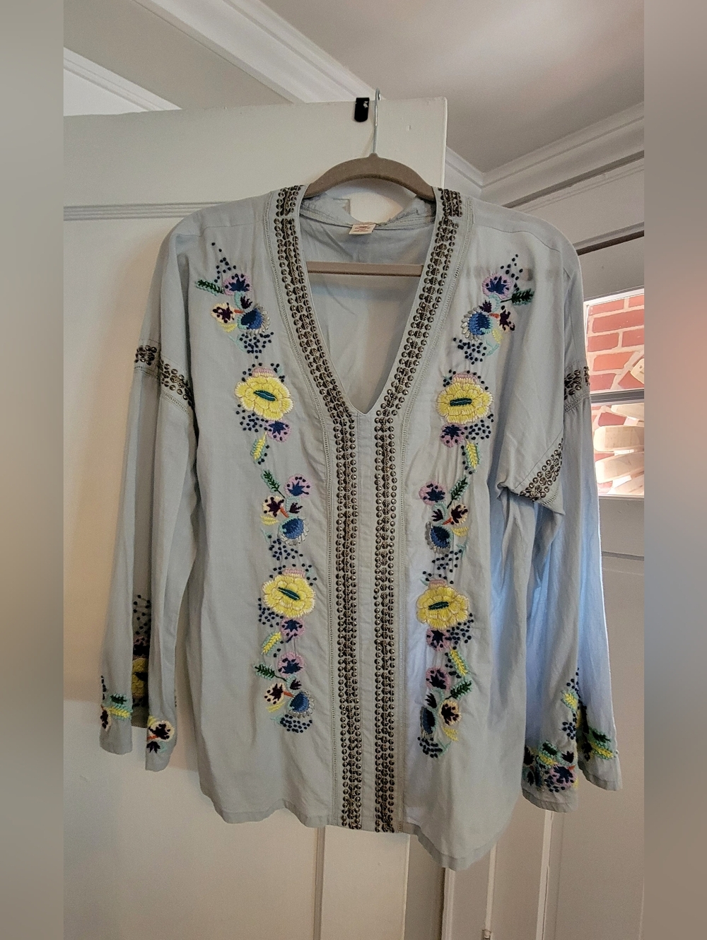 Sundance Light Blue Embroidered V-Neck Tunic